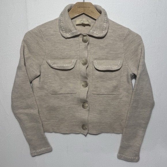 La‎ Maille Sezane Betty Cardigan Women's XXS Beige Crochet Trim 100% Merino Wool - Picture 3 of 7